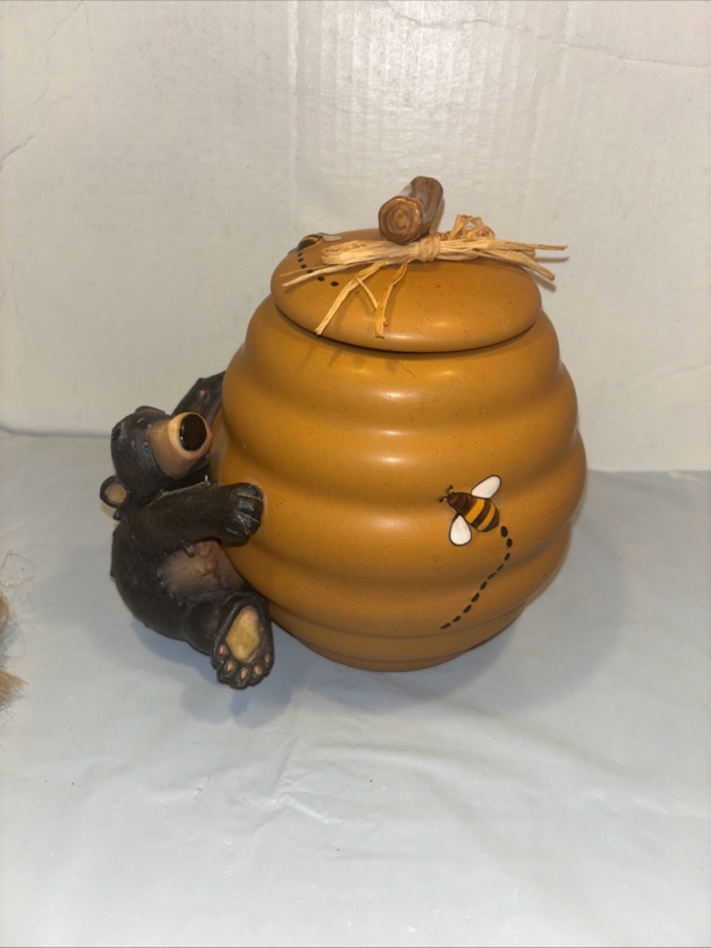 Leaning Or Erect Cookie Jar Shaped Like a Beehive with Bear Attached by Honour
